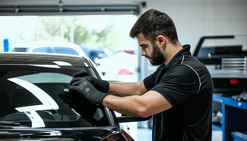 Professional technician applying window tint to a car at Xtreme Autoworx Professional technician applying window tint to a car at Xtreme Autoworx